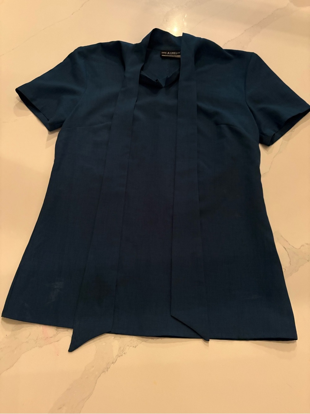 Unbranded Teal Short-Sleeve Tie-Neck Blouse
